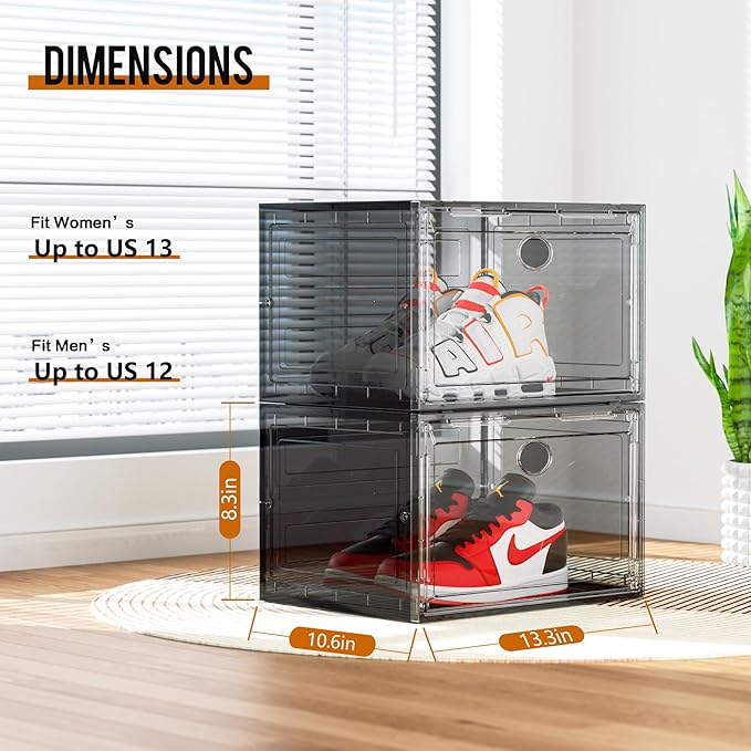 KEFA XL Shoe Storage Box Organizer, 8 Pack Shoe Boxes Clear Plastic Stackable, Sneaker Display Case Container Fit for US 13 (Side 8 PACK GREY)