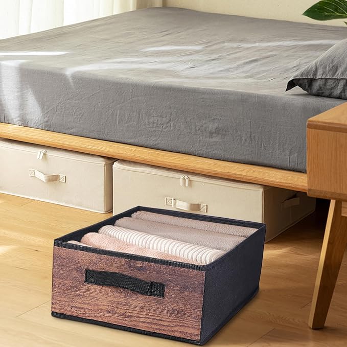 JAKAGO Fabric Storage Bins set of 4 Rectangle Storage Baskets with Handle Foldable Closet Organizer for Clothes Towel bedding Books Collapsible Clothing Container for Shelves Bedroom(Wood Low)
