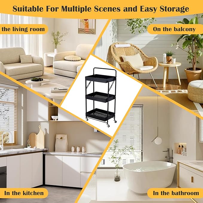 Folding Storage Rack 3-Tier Mesh Storage Shelf Portable Closet Shelving Unit with 360°Removable Wheels for Kitchen/Living Room/Bathroom/Laundry Room/Pantry/Garage/(Max Load Capacity 200 lb)