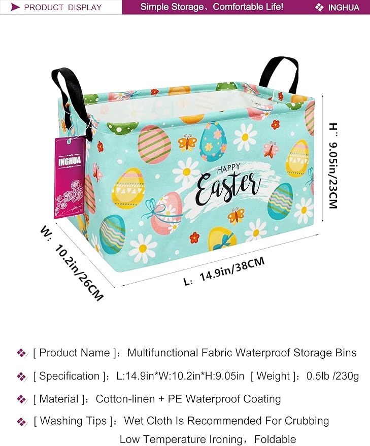 Rectangular Storage Basket Fabric Organizer Bin for Toys,Books,Clothes,Gifts,Pets-Perfect for Home,Office,Nursery,Dorm,Shelf(Rec-Easter eggs)
