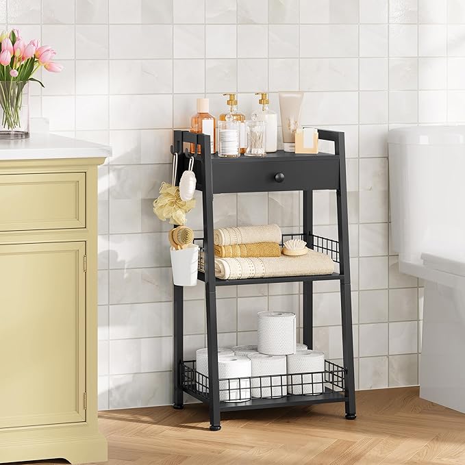 3-Tier Ladder Shelf with Drawer, Bathroom Table Stand for Small Space, Standing Bathroom Shelves with Storage for Living Room Kitchen Bedroom, Organizer Shelf, Black