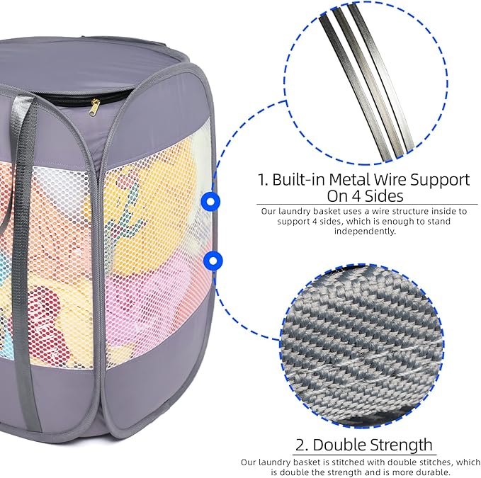 1.5 Loads, Pop-up Laundry Hamper with Extended, Thickened and Reinforced Handles, Tear Proof, Laundry Basket with Zipper Lid, With YKK Zipper, Honey Comb Mesh, Breathable, 14.9"*14.9"*21.6" (white)