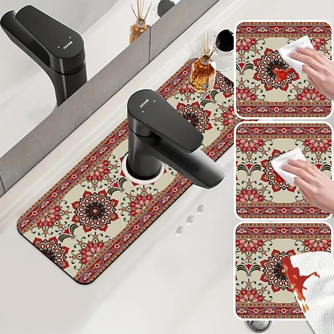 Sink Faucet Absorbing Mat Red Retro Boho Sink Splash Guard Drying Mat for Kitchen Bathroom Faucet Sinkmat 15.5"X5.5"