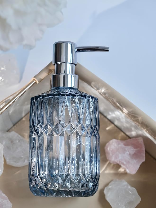 Clear Glass Soap Dispenser with Silver Rust Proof Pump, Refillable Thick Glass Kitchen Soap Dispenser, Lotion Dispenser Bathroom for Hands Soap, Dish Soap, Body Wash (Blue