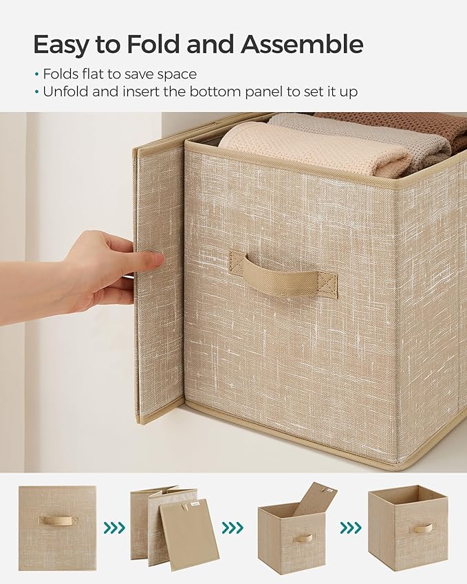 SONGMICS Storage Cubes, 11-Inch Non-Woven Fabric Bins with Double Handles, Set of 6, Closet Organizers for Shelves, Foldable, for Clothes, Sand Beige UROB026K03
