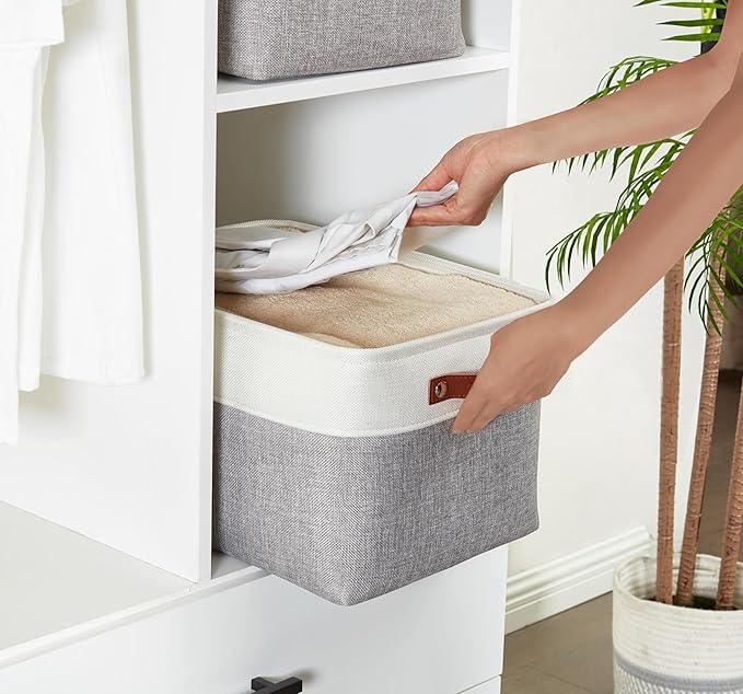 DECOMOMO Storage Baskets for Shelves - Fabric Storage Bins, Linen Closet Organizers and Storage (Grey & White, XL - 3 Pack)