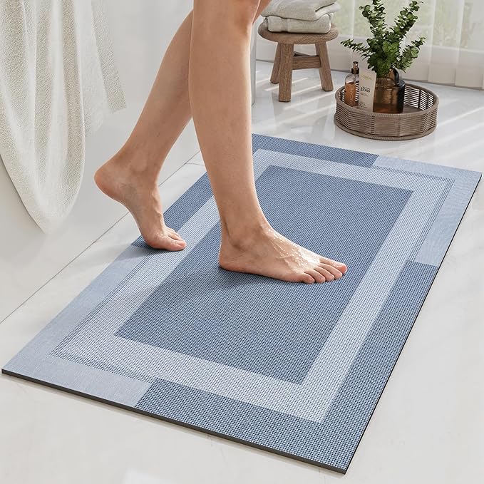 YDKGL Non Slip Bath Mat, Rubber Backing Ultra Thin Bathroom Rugs Fit Under Door Quick Dry Super Absorbent Washable Bath Rug Shower Mat for Bathroom Floor Bathtub Shower Sink, Easy Care Blue 16"x 24"