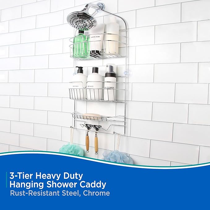 Kenney KN614151 Over the Shower Head 24" L x 11" W x 4.5" D Rust-Resistant Metal Wire Large 3-Shelf Hanging Caddy with Suction Cups and Razor Holders for Bathroom Shower, Chrome