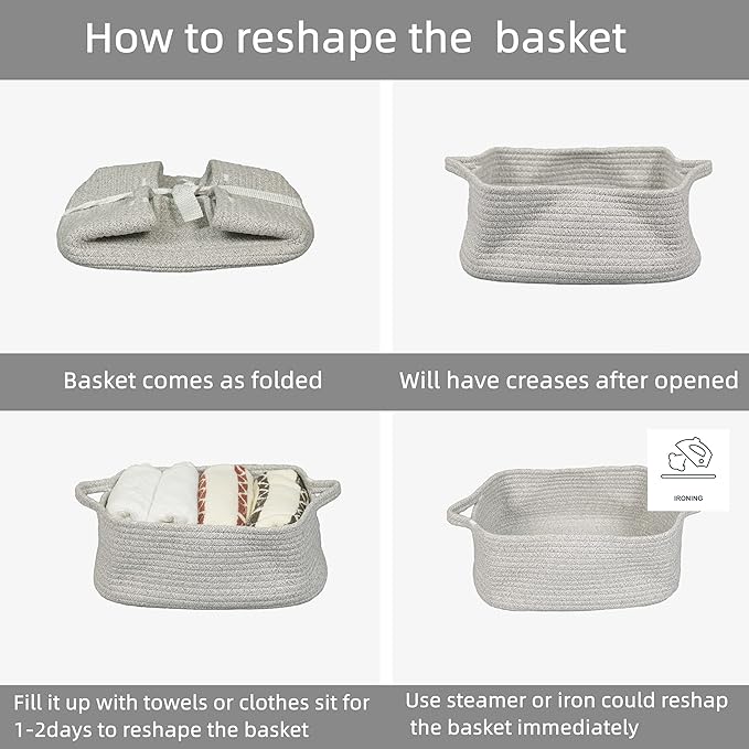 Woven Cotton Rope Storage Basket with Handles for Organizing Shelves Closet Small Cat Dog Pet Toy Baskets Box Bin Decorative Rectangle Baby Nursery basket Gift basket Empty(light grey)