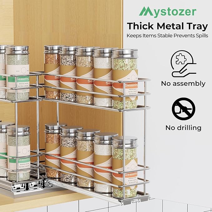 Pull Out Spice Rack Organizer for Cabinet, Slide Out Spice Racks, Easy to Install Spice Cabinet Organizers, 5.28" Wx10.43 Dx8.26 H, 2 Drawers 2 Tiers(Silver)