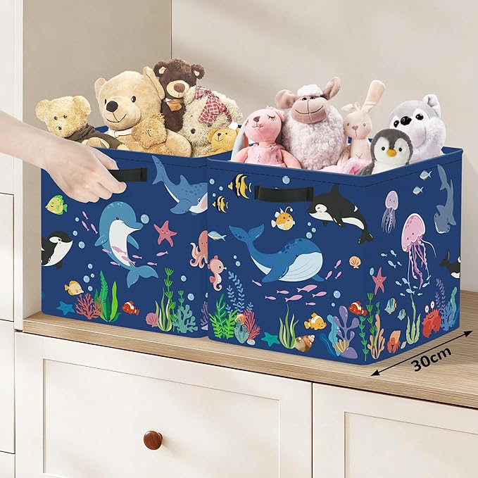 Clastyle 3 pcs Ocean Animals Cube Storage Unit Bin with Metal Frame Foldable Kallax Box for Shelves Parents Closet Organizer Basket for Book Clothes Toy Organizer, Blue, 11.8x11.8x11.8 in