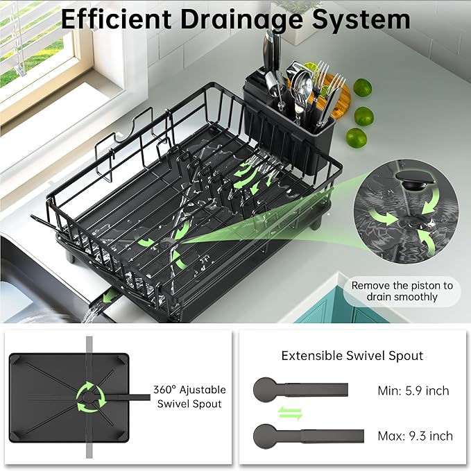 Dish Drying Rack, Dish Racks for Kitchen Counter, Detachable Dish Drainer with Drainboard, Utensil Holder, Cup Holder, Space Saving Kitchen Drying Rack for Small Home and Appartment, Black