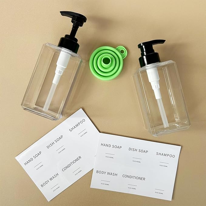 Clear Soap Dispenser with Waterproof Labels, Thickened Plastic Hand Soap Dispenser for Bathroom, Kitchen Dish Washing Liquid Bottles, Shampoo and Conditioner Bottles with Funnel (15oz 4Pack Clear)