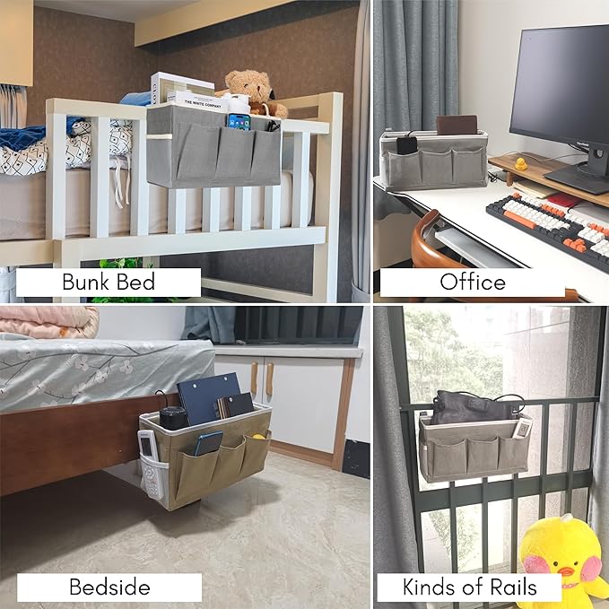 Kanrichu Beside Caddy Storage Organizer, Hanging Bag Holder with Pockets for Bedroom, Loft Bed Tent, Bed Curtain, Top Bunk bed Shelf Accessories Bedside Caddy 3-pocket (Gray_1pcs)