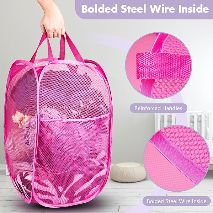 DUCOO Pop Up Hamper, 2 PCS Mesh Pop Up Laundry Hamper, Foldable Mesh Laundry Basket with Space Saving Design for Home, Dorm, Travel and Storage, Pink