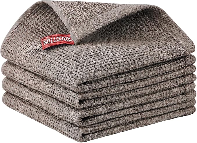 Nialnant 100% Cotton Dish Cloths for Washing Dishes, 4 Pack Waffle Weave Dish Towels,Super Soft Absorbent Cleaning Rags-Brown,12x12 Inch