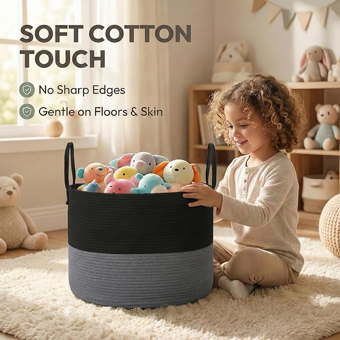 65L Extra Large Blanket Basket for Living Room - Woven Cotton Rope Laundry Hamper with Reinforced Handles - Storage Bin for Pillows, Comforters & Toys - Machine Washable,Black&Grey