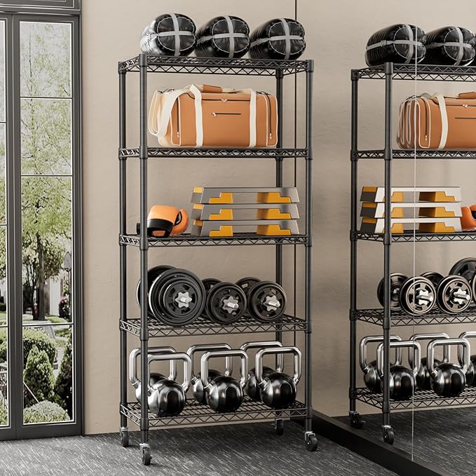 SINGAYE 5 Shelf Storage Wire Shelves Closet Bathroom Organizers Metal Pantry Kitchen Garage Shelving Unit Laundry Room Organization Home Narrow Rack Net Basket with Wheels Black
