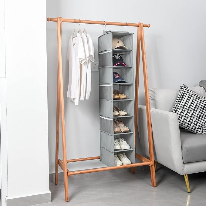 Hanging Shoe Organizer for Closet with Side Mesh Pockets，Hat Racks for Baseball Caps，Shoe and Hat Holder & Storage，8-Shelf，Gray，1 Pack