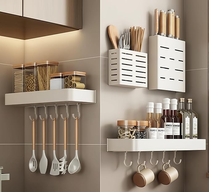 SEIDO Space-Saving Kitchen Utensil Holder | No-Drill Shelf Organizer | Wall Mount Spice Rack with Hooks | Space Aluminum | 16 Inch Long | White
