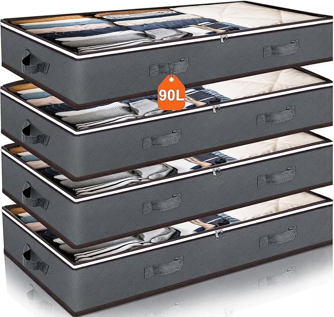 90L Under Bed Storage Containers, Closet Organizers and Storage Bins, Foldable Underbed Storage Bags for Blankets, Towels, Comforter, Sweaters, Linen Sheets, Wrapping Paper (Grey, 4 Pack)
