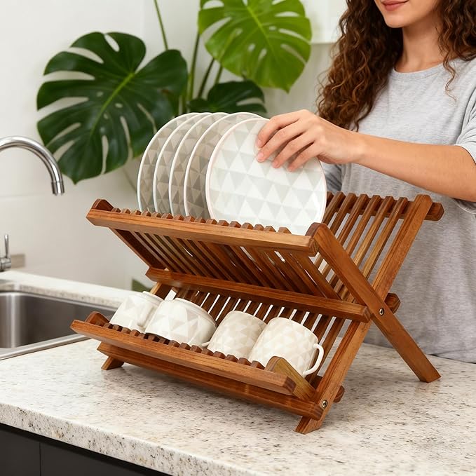 Utoplike Teak Dish Drainer Rack Collapsible 2 Tier Dish Rack Dish Drying Rack Foldable Plate Organizer Holder for Kitchen Compact