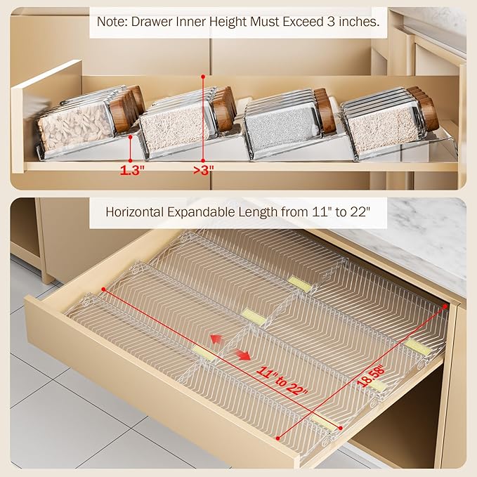 Spice Drawer Organizer, 8 Pack Clear Seasoning Organizer Rack, Expandable From 11" to 22" Wide Kitchen Spice Rack Organizers for Drawer, Countertop (Jars Not Included)
