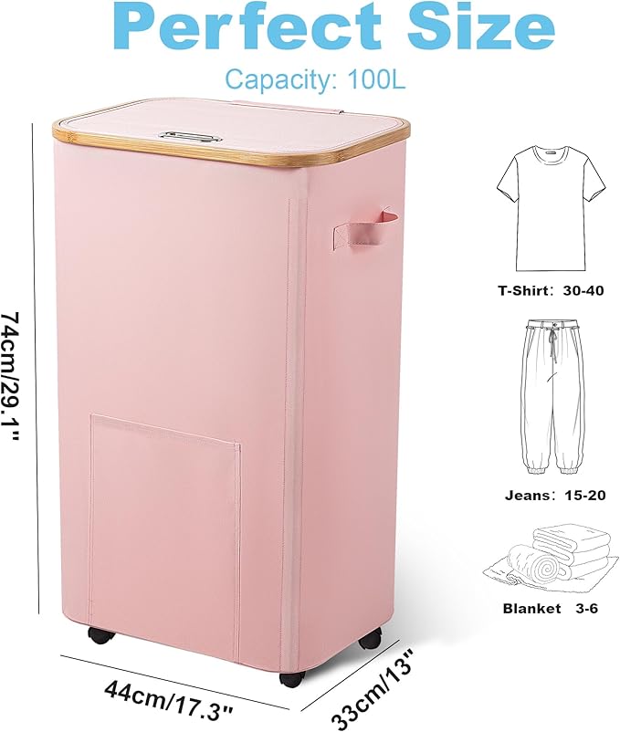 Laundry Basket with Wheels, Tall Dirty Clothes Hamper on Wheels, Rolling Laundry Hamper with lid for Dorm, Bedroom and Bathroom (Pink, 100L)