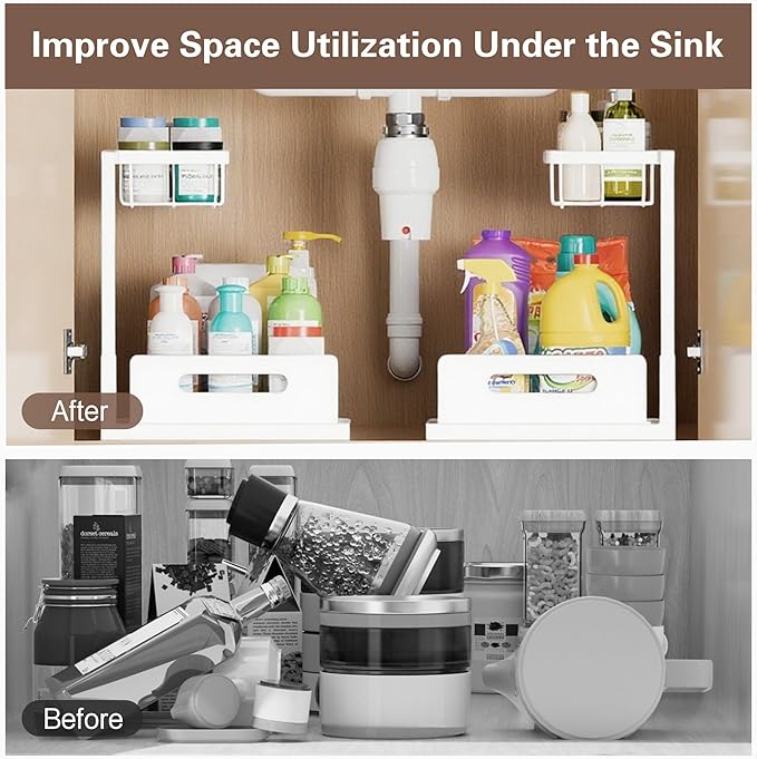 VUSIGN 2 Tier Under Sink Organizer, Slide Out Pull Out Cabinet Organizer, Cabinet Kitchen Bathroom Storage Organization Shelf, 2 Pack, White