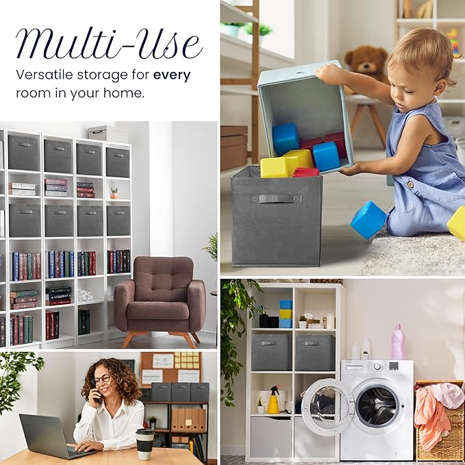 Reli. 11 Inch Cube Storage Bins (8 Pack) | Cube Organizer Bins | 11x11 Fabric Storage Boxes | Collapsible, Foldable Fabric Cubby Box (Square) | Kids Room Organization (Dark Gray)