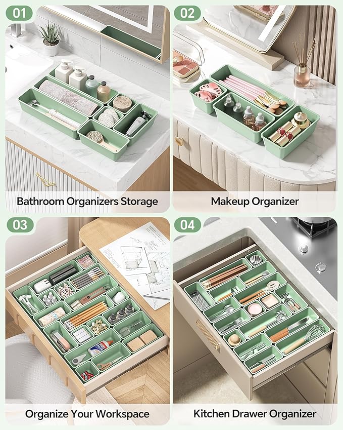 13 Pack Plastic Drawer Organizers Set, 3 Sizes Desk Drawer Organizer Trays for Vanity and Makeup Organizer, Organization and Storage for Makeup, Kitchen Utensils, Bathroom and Office(Green)