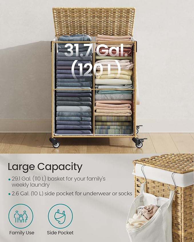 SONGMICS Laundry Hamper with Lid, 31.7 Gallons (120 L), Rolling Laundry Basket with Wheels, Synthetic Rattan, Removable Liner, Bedroom, 18.1 x 15.7 x 26 Inches, Natural Color ULCB161Y01