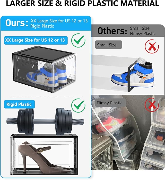 MCIJRJOI 10 Pack Hard Sturdy Thickened Rigid XX Large Shoe Storage Organizer for Closet, Clear Stackable Sneaker Shoe Boxes Rack Containers Display Case Bins with Lids, Black Clear02