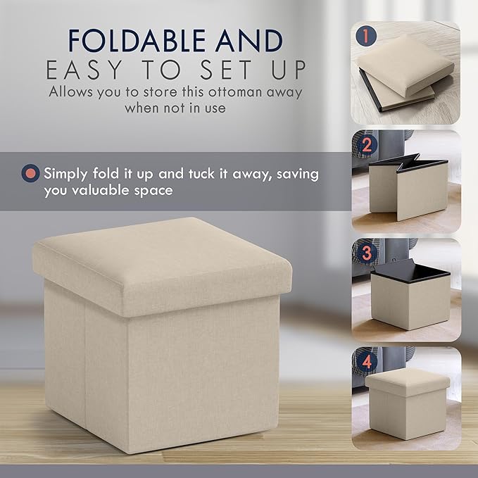 Ornavo Home Small Storage Ottoman Foldable Collapsible Cube Square Linen Ottoman Foot Rest Stool Seat, for Living Room, Bedroom, Home Office, Dorm - 12 x 12 x 12, Beige