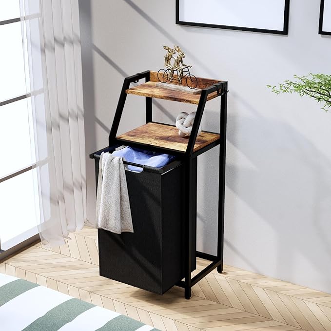 Laundry Hamper, Laundry Sorter, Rolling Laundry Basket with Wheels, 2 Shelves, 18 Gal(68L), Pull-Out and Removable Oxford Fabric Bags, for Laundry Room, Black and Rustic Brown