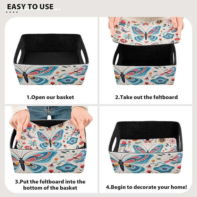 Decorative Butterfly Floral Closet Storage Bins 2 Pcs Felt Open Home Storage Containers Organizer with Handles Collapsible Shelf Basket for Home Office Craft Room Classroom Fabric