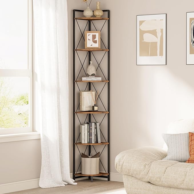 6 Tier Corner Shelf Stand, 78" H Tall Industrial Corner Bookshelf for Living Room Decor, Metal Corner Shelf, Plant Stand Display Shelf for Bedroom, Bathroom, Small Space, Rustic Brown