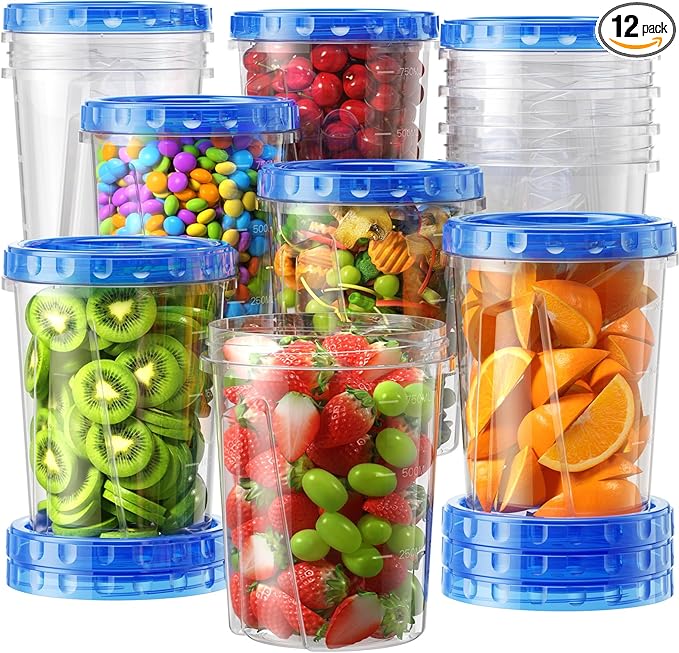 12 Pack-34oz Freezer Storage Containers, Plastic Food Storage Containers with Twist Top Lids, BPA Free and Reusable Soup Containers with Lid, Microwave and Dishwasher Safe