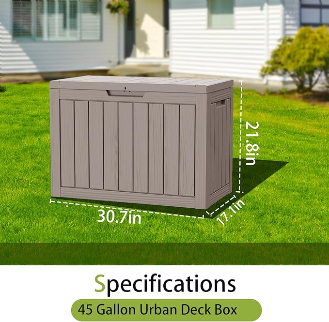 Outdoor Storage Box Waterproof, 45 Gallon Lockable Resin Deck Box Large, Patio Storage Bin for Pool Accessories Cushion Furniture, Garden Tools, UV-Resistant Outside Delivery Light Coffee