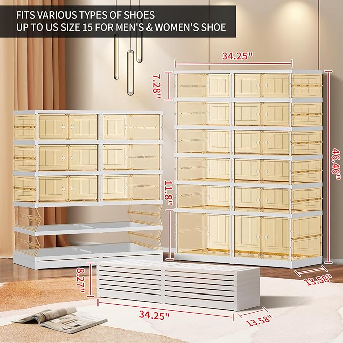 EHAMILY 6 Tiers 12-24 Pairs Foldable Shoe Boxes Large Plastic Shoe Storage Rack Collapsible Shoe Organizer for Closet Tall Shoe Shelf Clear Stackable Shoes Cabinet with Doors entryway