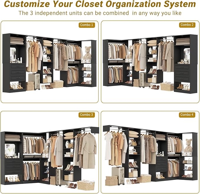 Unikito Modular Closet System with 3 Sets, 131”Corner Closet Organizer System With Mirror, Drawers, Hanging Rods & Adjustable Shelves, Freestanding Wood Wardrobe Organizer, Walk in Closet Tower, Black