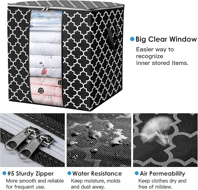 WISELIFE Storage Bags 2 Pack/100L Large Blanket Clothes Organization and Storage Containers for Comforters,Bedding, Foldable Organizer with Reinforced Handle, Clear Window, Sturdy Zippers,Black