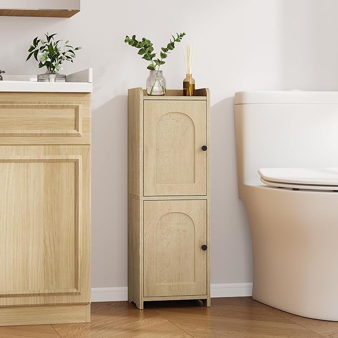 Bathroom Storage Cabinet, Small Corner Floor Cabinet with 2 Doors and Adjustable Shelf, Narrow Toilet Paper Cabinets, Bathroom Organizer for Small Spaces, 7.9" D x 9.8" W x 29.5" H Yellow