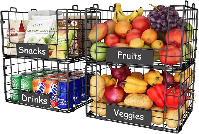 JKsmart Pantry Organizers and Storage, 4 Pack XL Stackable Wire Baskets with NamePlates, Metal Storage Bins for Snack Can Fruit Vegetable Spice