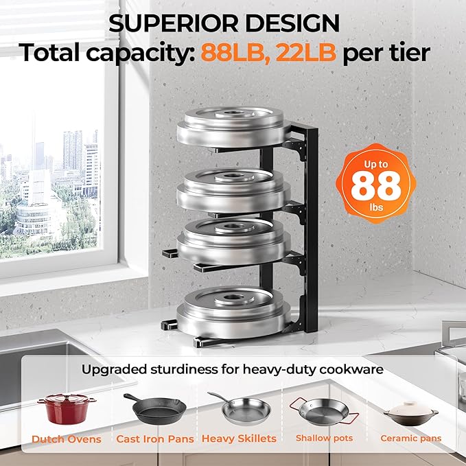 MUDEELA 2 Pack Pots and Pans Organizer under Cabinet, 4-Tier Heavy Duty Pan Organizers inside Cabinet Kitchen Storage, Adjustable Pot Rack Holds up to 88 LB Cast Iron Skillets Shallow Cookware