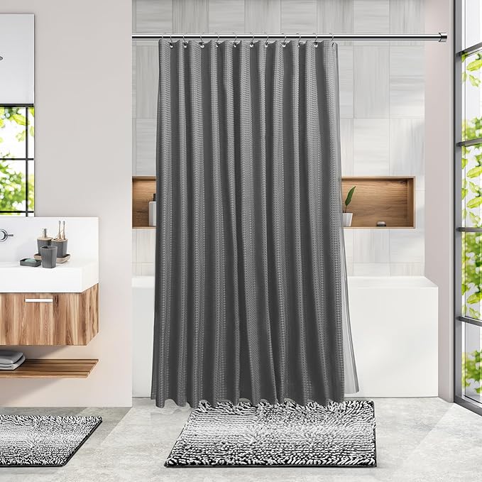 Clara Clark Bathroom Accessories Set - 27PC Bathroom Set with Adhesive Corner Shower Caddy Hanging, Bathroom Sets with Shower Curtain and Rugs, Ombre Grey Shower Curtain Set with Bathroom Trash Can