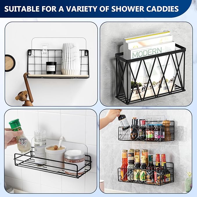 HOREAKHJ Shower Caddy Adhesive Replacement Hooks, Strong Waterproof Strips, No Drilling for Bathroom Shelves, Kitchen Racks, and Soap Holders (Transparent-8Pack 2Hook)