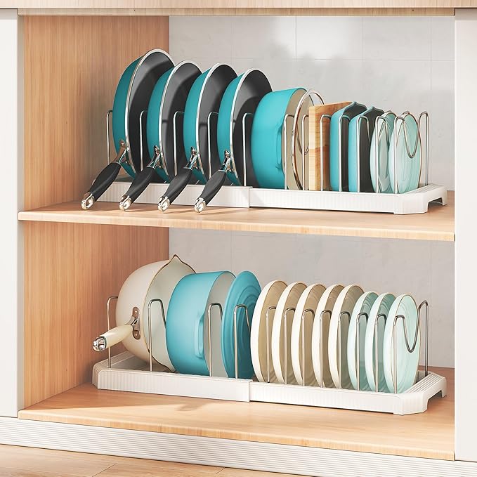 Pots and Pans Organizer for under Cabinet, Pan Pot Organizers inside Cabinet, Expandable Organizer with 12 Adjustable Dividers for Cookie Sheets, Cutting Boards, Pot Lids, Cookware - Frying Pan Rack