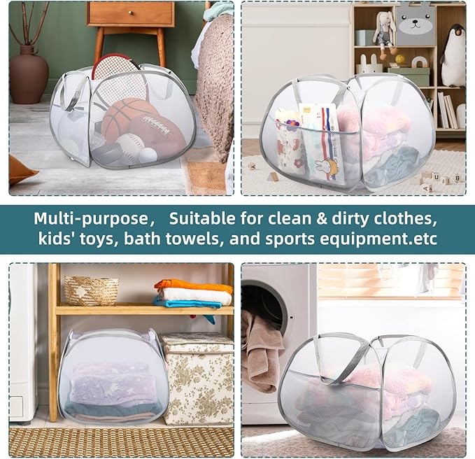 Collapsible Laundry Baskets, 90L Large Foldable Laundry Basket, Durable Mesh Pop Up Hampers for Laundry, Dirty Clothes Laundry Hamper for Bedroom, Bathroom, Dorm, Laundry Room, Travel or Camping Grey