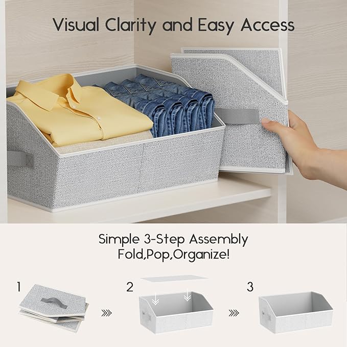 Large Closet Organizers and Storage Bins - 4 Pack Trapezoid Storage Baskets for Shelves, Foldable Fabric Baskets with Handles Ideal for Closet, Basket, Wardrobe and Shelf Storage, Light Grey